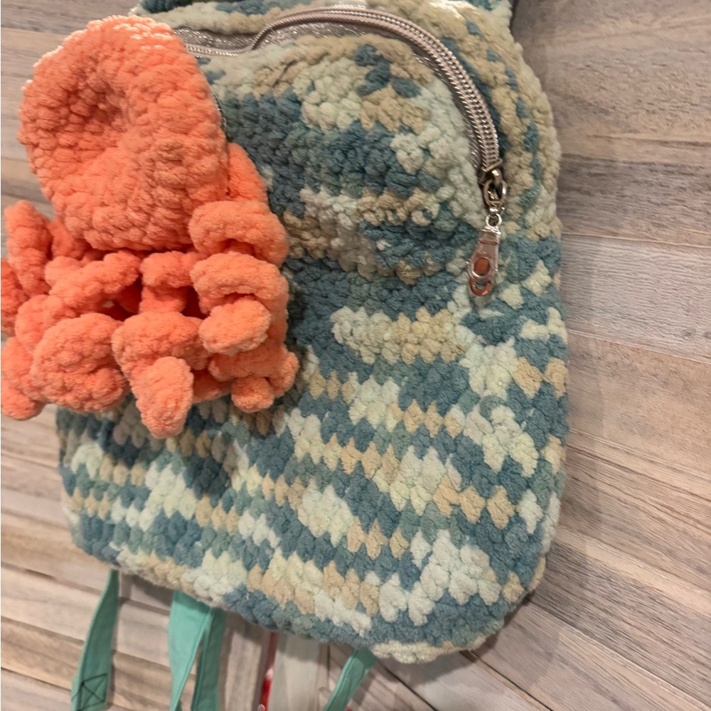 Plush Chevron Backpack in Aqua & Cream with Coral Turtle Accent